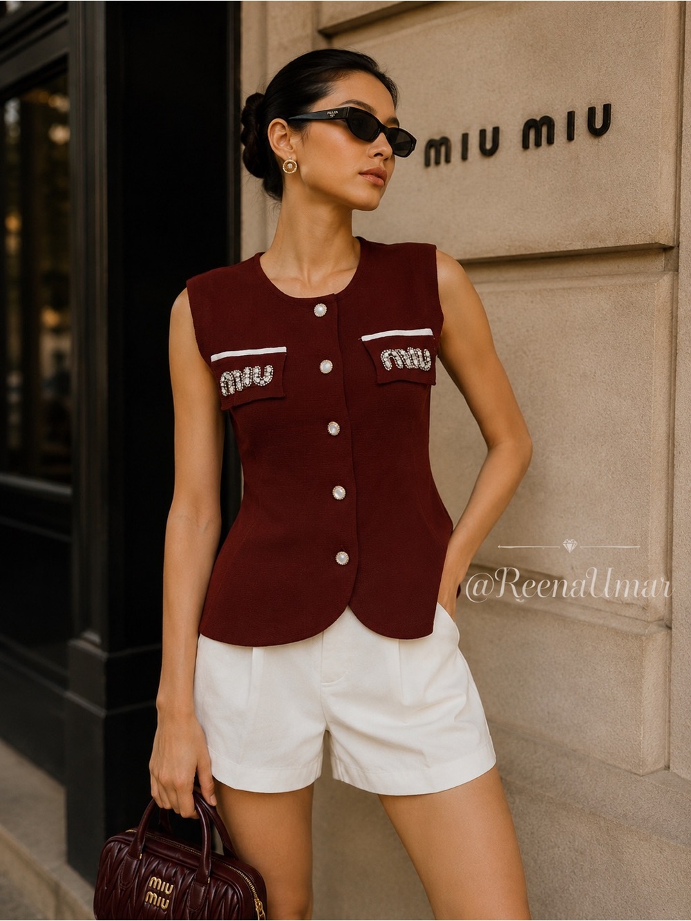 Rust Red Crewneck Sweater Top with Decorative Buttons
